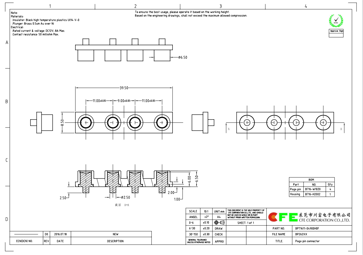 4 pin customized pogo pin receptacles - CFE Pogo pin connectors supplier