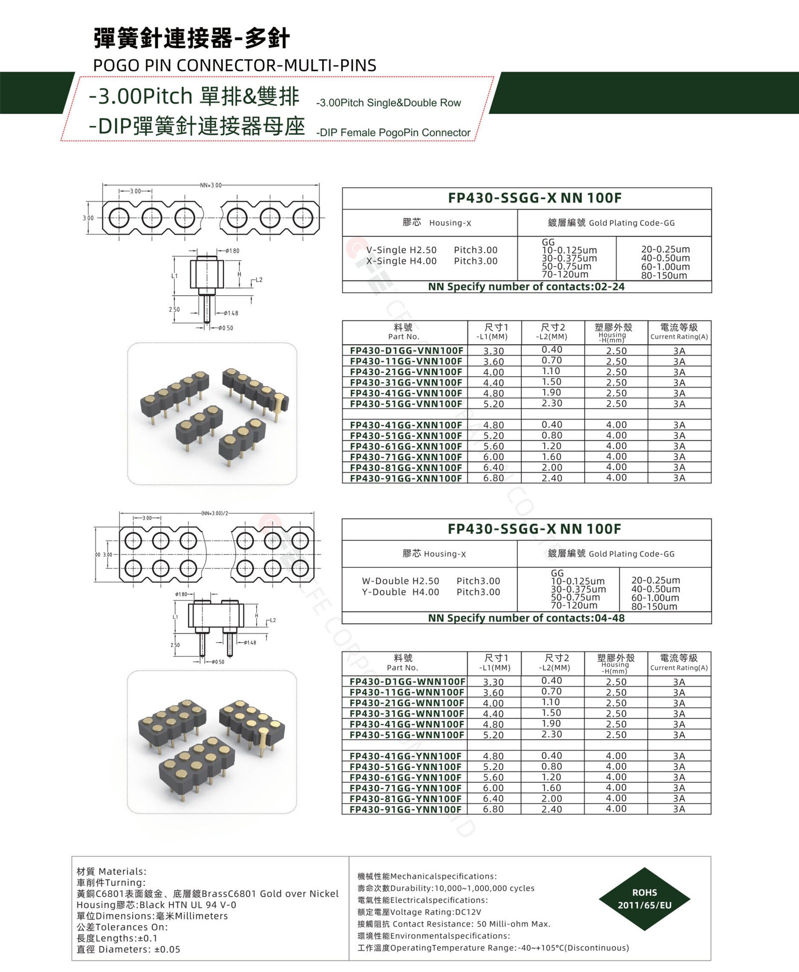 3.0pitch DIP single Double Row Pogo Pin Connector-female part 3.0pitch DIP single Double Row Pogo Pin Connector female part
