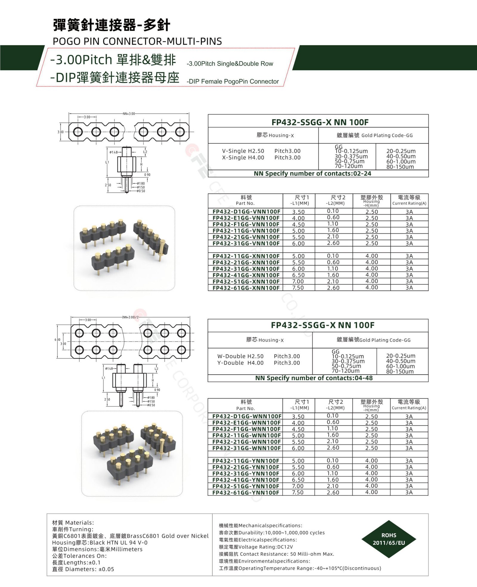 3.0pitch DIP single Double Row Pogo Pin Connector-female 3.0pitch DIP single Double Row Pogo Pin Connector female