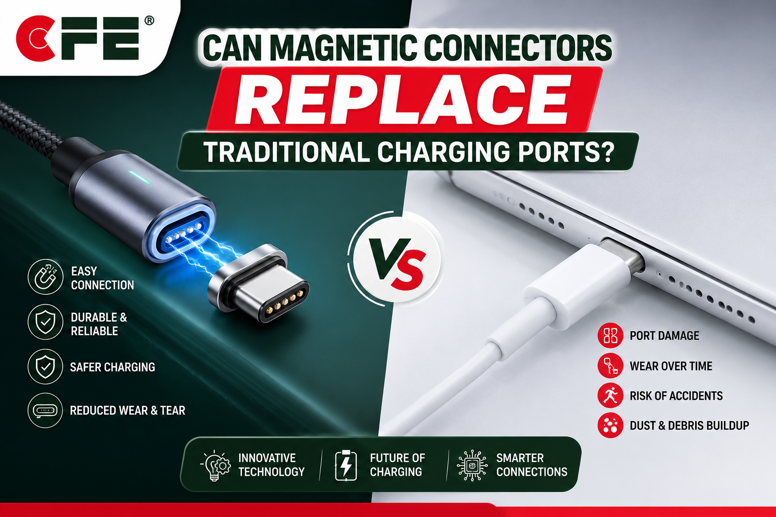 Magnetic connectors compared to traditional charging ports showing future charging technology advantages