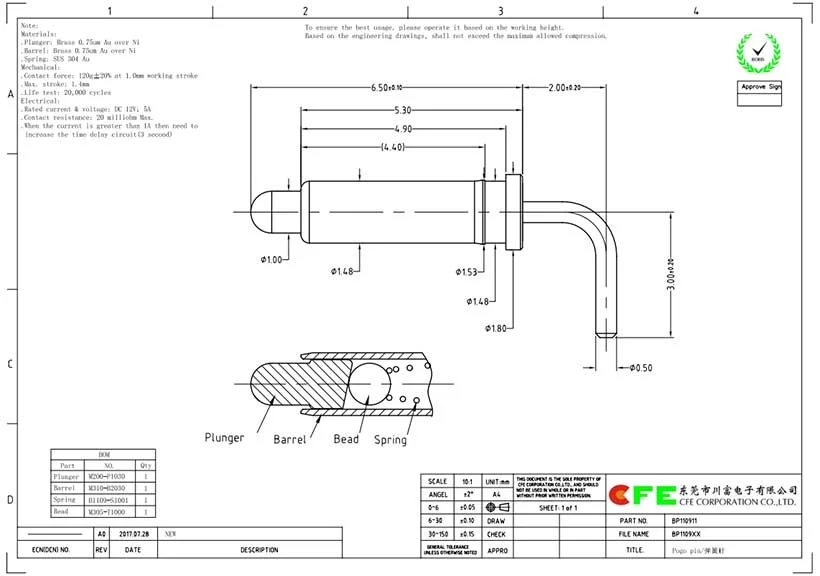 5a right angle pogo pin spring loaded contact