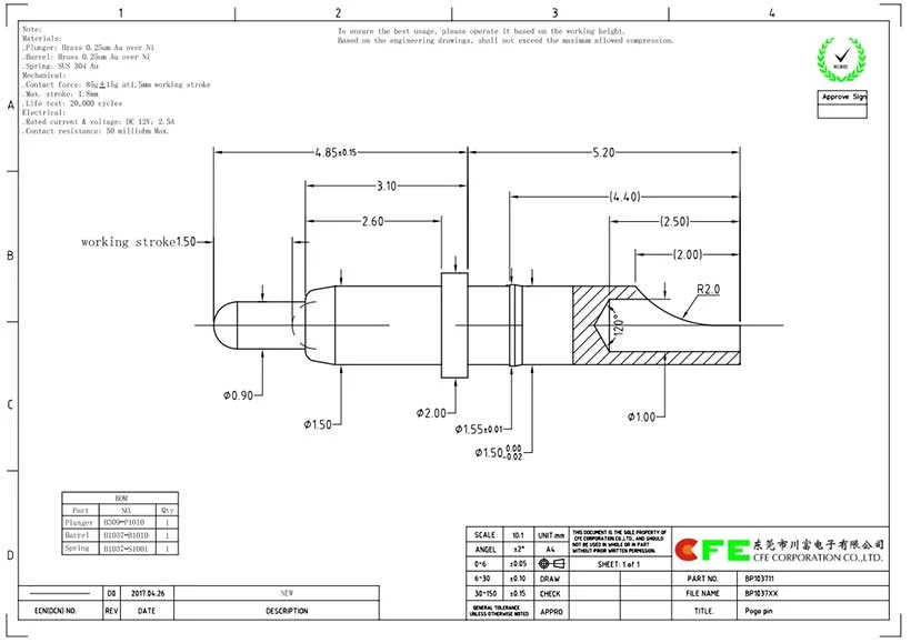 2.5a solder cup type pogo pin spring contact
