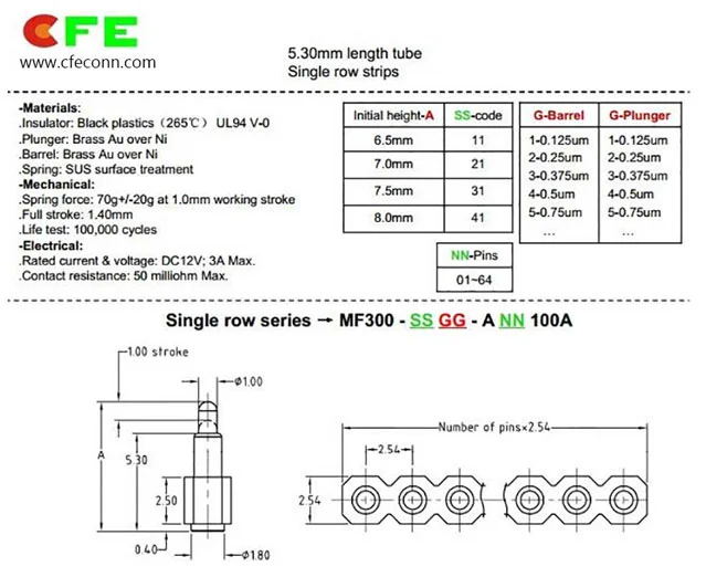2.54mm 30 pin single row pogo pin connector
