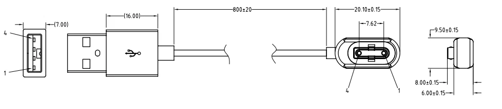 2 Pin magnetic pogo pin connector with usb cable