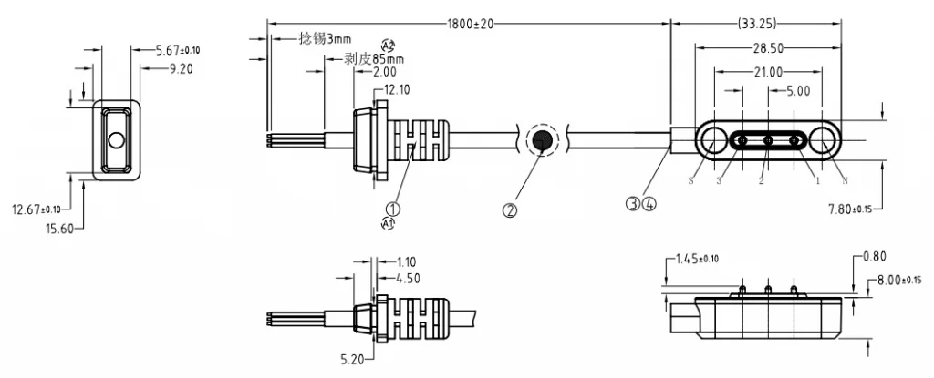 3 Pin magnetic dc power connector with cable for air cleaner