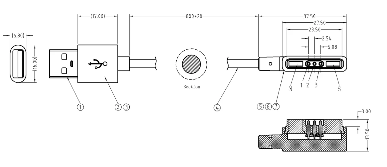 3 Pin magnetic cable connector charge connector